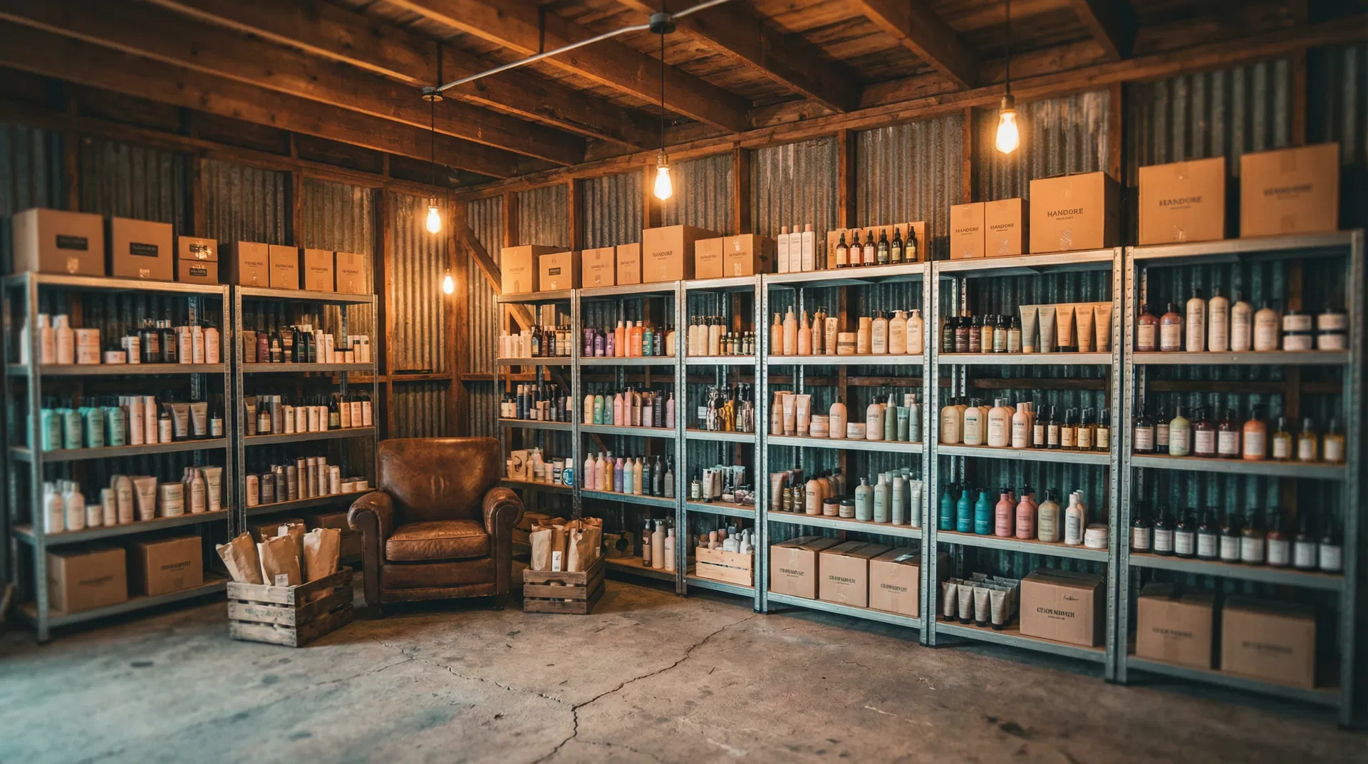 Shampoo Garage workshop: concrete bay, wood rafters, and haircare stocked on the shelves